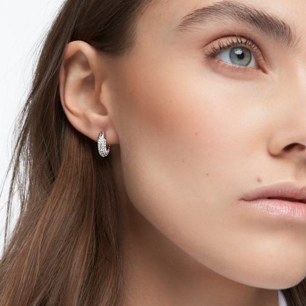 Dextera hoop earrings, Pavé, White, Rhodium plated